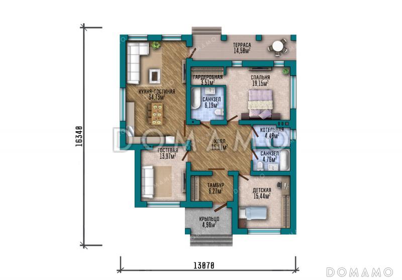 Проект дома с тремя спальнями, вместительным тамбуром и крытой террасой / План 1 этажа
