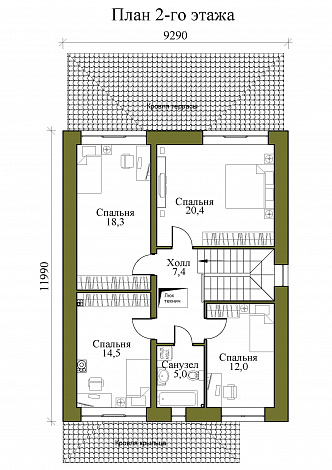Проект двухэтажного газобетонного дома с крытой террасой и четырьмя спальнями на втором этаже / План 2 этажа