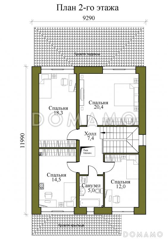 Проект двухэтажного газобетонного дома с крытой террасой и четырьмя спальнями на втором этаже / План 2 этажа