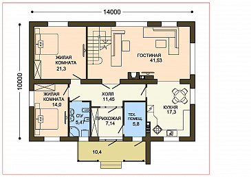 Проект двухэтажного коттеджа с контрофорсной стеной крыльца и вторым светом / План 1 этажа Проект двухэтажного коттеджа с контрофорсной стеной крыльца и вторым светом / План 1 этажа