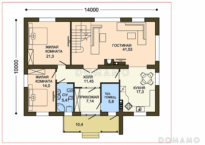Проект двухэтажного коттеджа с контрофорсной стеной крыльца и вторым светом / План 1 этажа Проект двухэтажного коттеджа с контрофорсной стеной крыльца и вторым светом / План 1 этажа