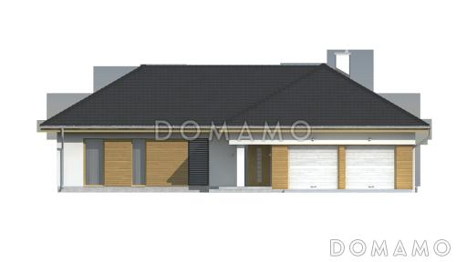 Проект одноэтажного дома из кирпича с просторной гостиной и гаражом на два автомобиля / Фасад 1