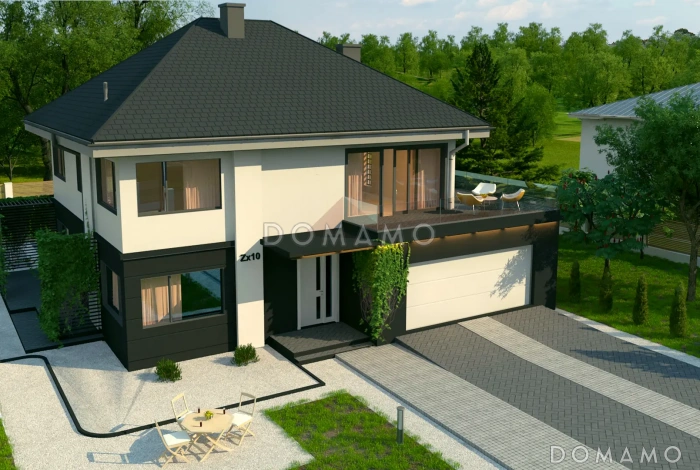 Проект двухэтажного дома с гаражом, мастер-спальней и гардеробными в спальнях Проект двухэтажного дома с гаражом, мастер-спальней и гардеробными в спальнях