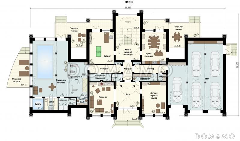 Проект загородного дома с бассейном, комнатами для отдыха и спорта, террасами, большим гаражом, спальнями на втором этаже / План 1 этажа