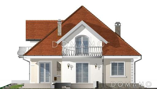 Проект одноэтажного мансардного дома из газобетона с двумя балконами и барбекю на террасе  / Фасад 4