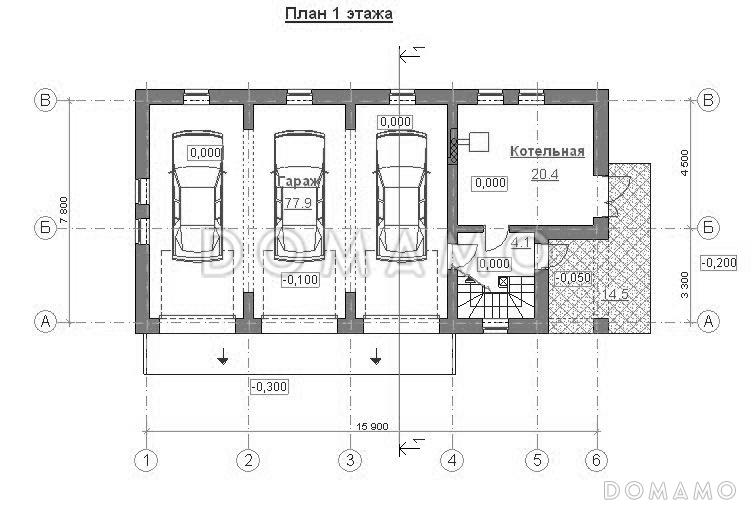 Проект гаража на 3 машины с жилой мансардой / План 1 этажа