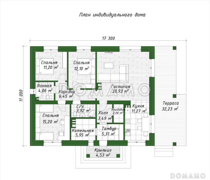 Проект дома из газобетона с большой гостиной, камином и 3 спальнями / План 1 этажа