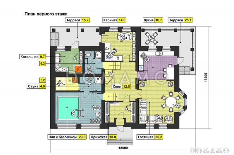 Загородный дом с двумя террасами, залом с бассейном, сауной, спортзалом на мансардном этаже / План 1 этажа