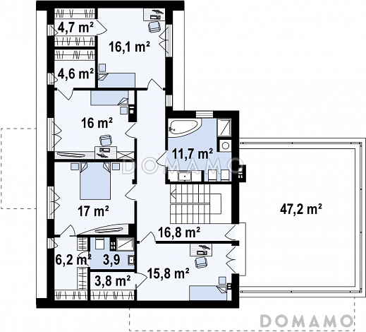 Проект современного двухэтажного дома из газобетона с плоской крышей с гаражом для двух автомобилей и террасами на обоих уровнях / План 2 этажа Проект современного двухэтажного дома из газобетона с плоской крышей с гаражом для двух автомобилей и террасами на обоих уровнях / План 2 этажа