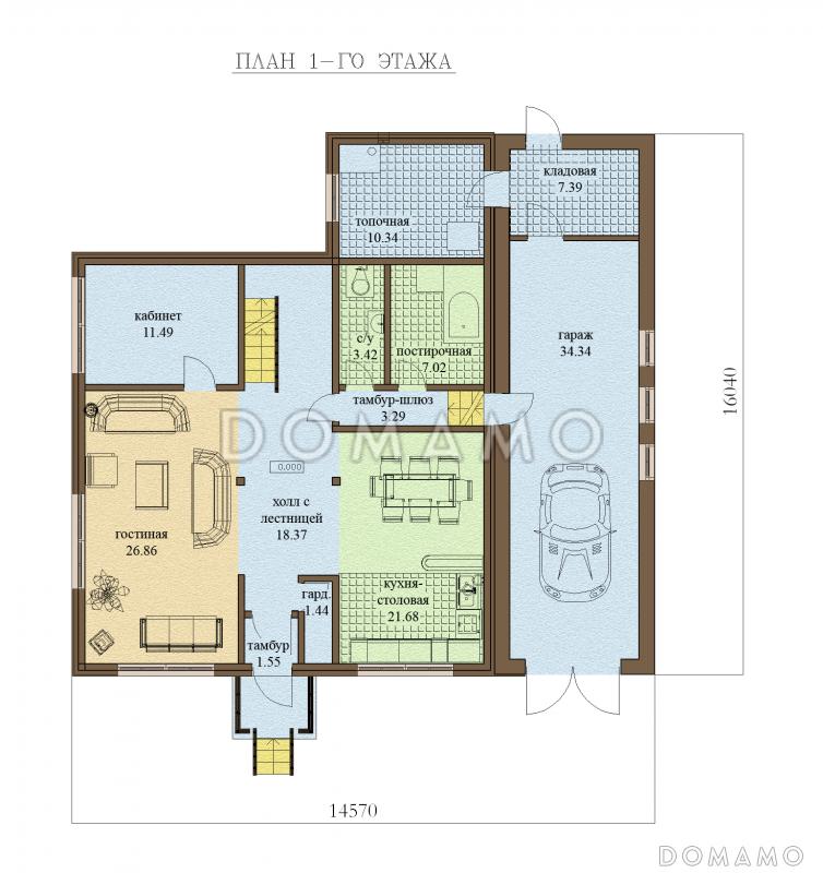 Проект одноэтажного дома с мансардным этажом и зимним садом / План 1 этажа