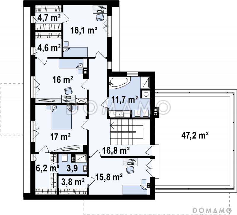 Проект современного двухэтажного дома из газобетона с плоской крышей с гаражом для двух автомобилей и террасами на обоих уровнях / План 2 этажа