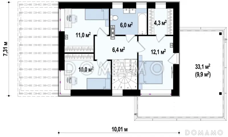 Проект современного двухэтажного дома из газобетона с четырёхскатной крышей с кабинетом, гаражом и крытыми террасами на обоих уровнях / План 2 этажа