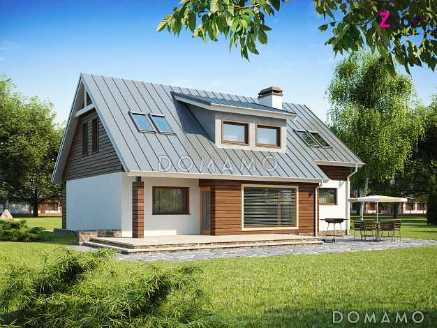 Проект одноэтажного мансардного дома из кирпича с кабинетом, тремя спальнями и гаражом