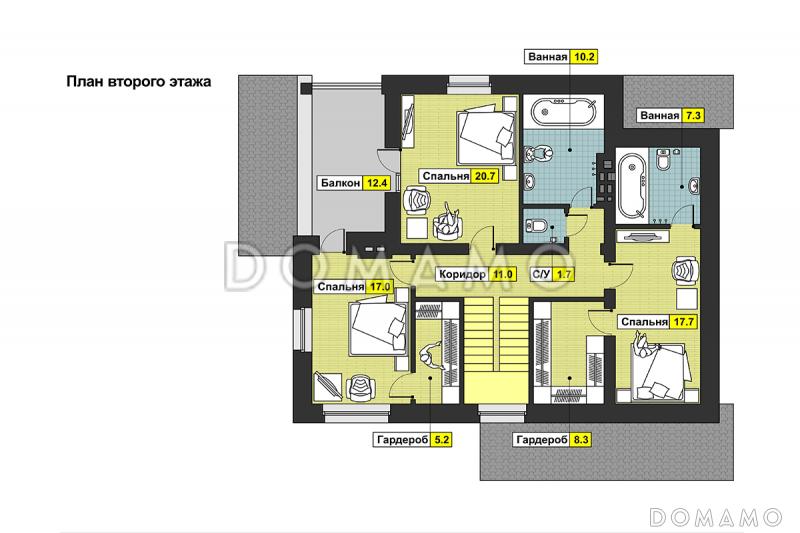 Проект дома с камином, изолированной кухней, комнатой с выходом на террасу, вторым светом / План 2 этажа