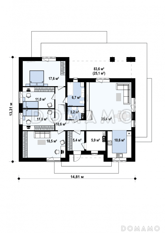 Проект одноэтажного дома из кирпича с тремя спальнями и кабинетом / План 1 этажа
