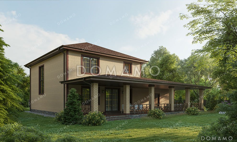 Проект двухэтажного дома с большой террасой и гаражом / 1