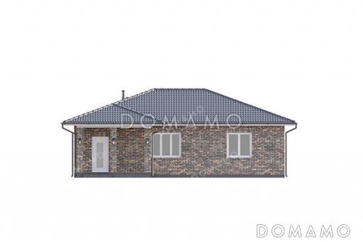 Проект одноэтажного прямоугольного дома с отделкой фасада кирпичом, одной внутренней несущей стеной, тремя спальнями и большой кухней-гостиной с выходом на крытую террасу / Фасад 2