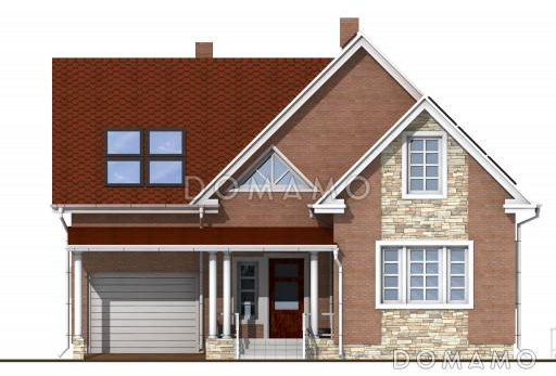 Проект загородного дома с тремя спальнями на мансардном этаже, круглым окном, гаражом на одну машину / Фасад 1