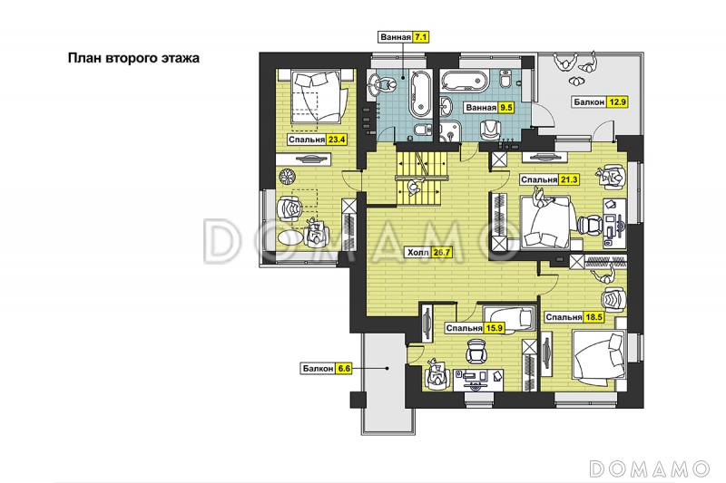Проект дома с двухскатной крышей с мансардными окнами,  террасой, двумя балконами, кладовой на мансарде / План 2 этажа