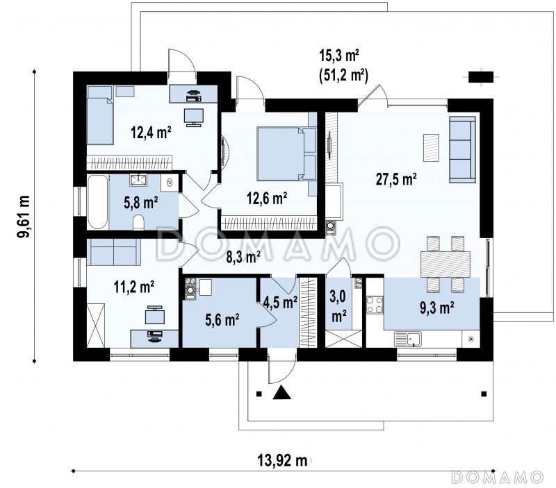 Проект одноэтажного дома из кирпича с открытой террасой по периметру, с возможностью планировки мансардного этажа / План 1 этажа