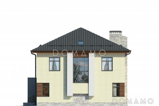 Проект загородного дома с просторной гостиной с камином, террасой, сауной на первом этаже, балконом / Фасад 3