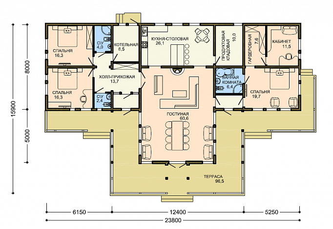 Проект большого одноэтажного дома с обширной террасой и приватной хозяйской территорией / План 1 этажа