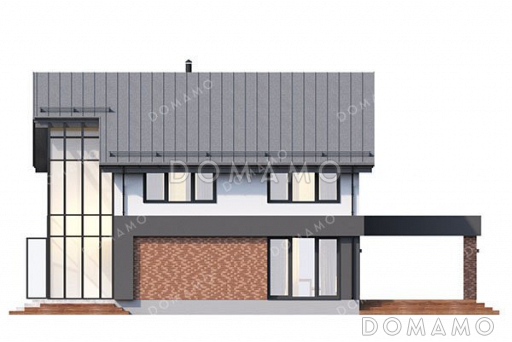 Проект дома с большой террасой, эркером и выразительной застекленной частью / Фасад 2