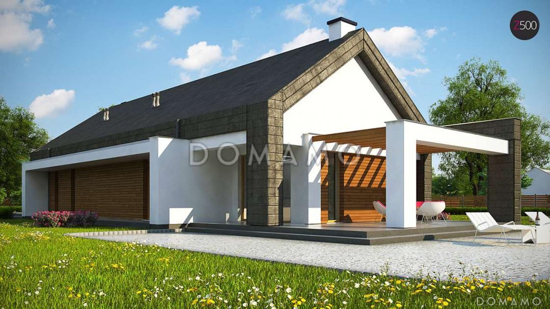 Проект современного одноэтажного дома из кирпича с тремя спальнями и пристроенным гаражом на два автомобиля / 1