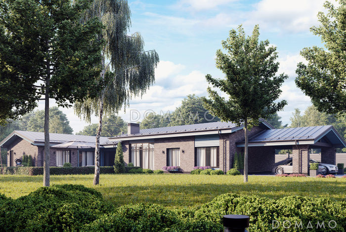 Проект Г-образного дома из газобетона с закрытой террасой, навесом, мастер-спальней, гостевой и детской Проект Г-образного дома из газобетона с закрытой террасой, навесом, мастер-спальней, гостевой и детской