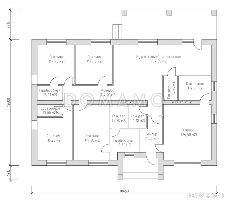 Проект одноэтажного дома из SIP панелей с гаражом и открытой террасой / План 1 этажа