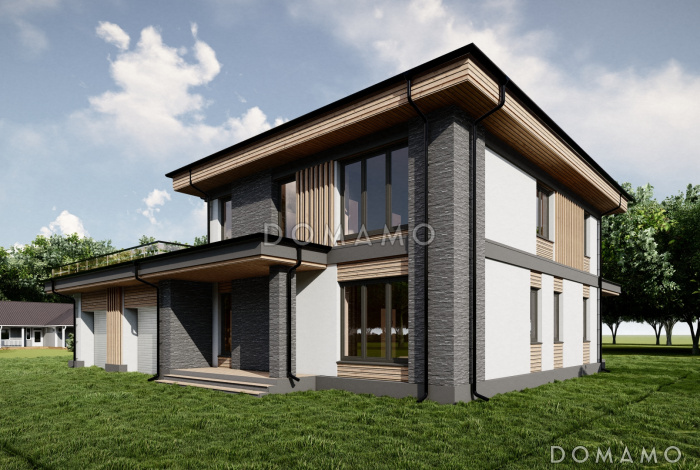 Проект дома с эксплуатируемой кровлей гаража, мастер-спальней, тремя детскими и гостевой