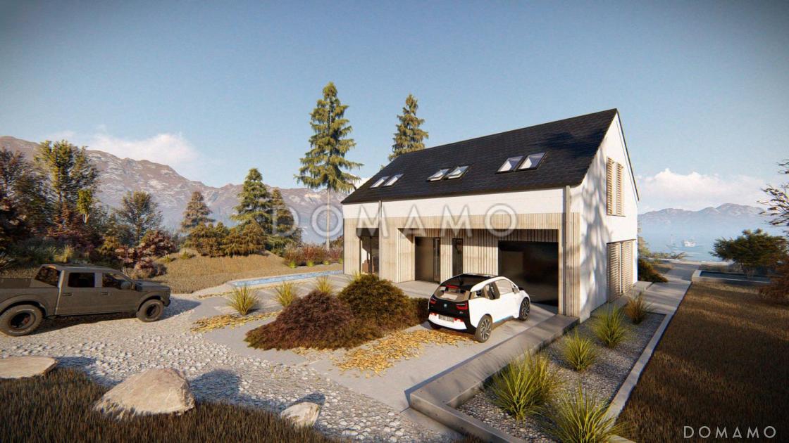 Проект современного мансардного дома с гаражом, панорамным остеклением, просторной кухонной зоной, прачечной / 2