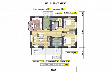 Проект дома с эркером в кухне, двумя спальнями на первом этаже, гостиной с камином, террасой / План 1 этажа Проект дома с эркером в кухне, двумя спальнями на первом этаже, гостиной с камином, террасой / План 1 этажа