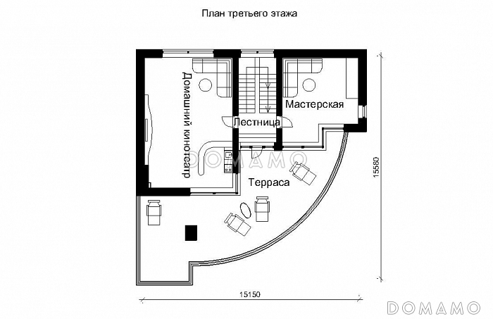 Проект трехэтажного дома с панорамными стеклами / План 3 этажа Проект трехэтажного дома с панорамными стеклами / План 3 этажа