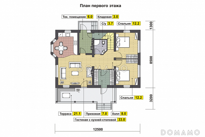 Проект дома с эркером в кухне, двумя спальнями на первом этаже, гостиной с камином, террасой / План 1 этажа Проект дома с эркером в кухне, двумя спальнями на первом этаже, гостиной с камином, террасой / План 1 этажа