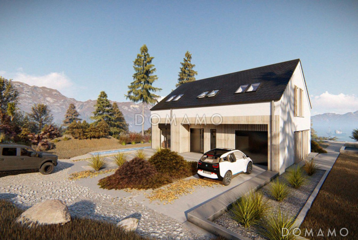 Проект современного мансардного дома с гаражом, панорамным остеклением, просторной кухонной зоной, прачечной