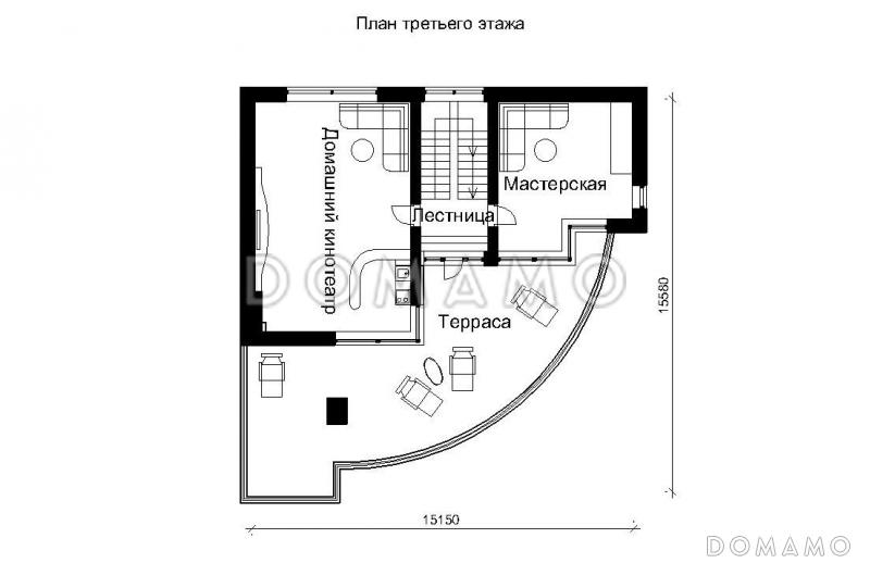 Проект трехэтажного дома с панорамными стеклами / План 3 этажа Проект трехэтажного дома с панорамными стеклами / План 3 этажа