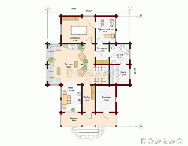 Проект дома с большой гостиной / План 1 этажа Проект дома с большой гостиной / План 1 этажа