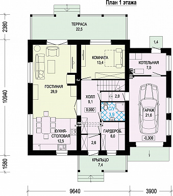 Проект двухэтажного газобетонного дома c пристроенным гаражом и котельной / План 1 этажа Проект двухэтажного газобетонного дома c пристроенным гаражом и котельной / План 1 этажа
