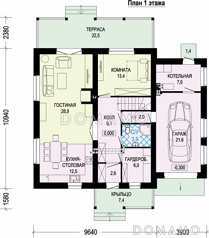 Проект двухэтажного газобетонного дома c пристроенным гаражом и котельной / План 1 этажа Проект двухэтажного газобетонного дома c пристроенным гаражом и котельной / План 1 этажа