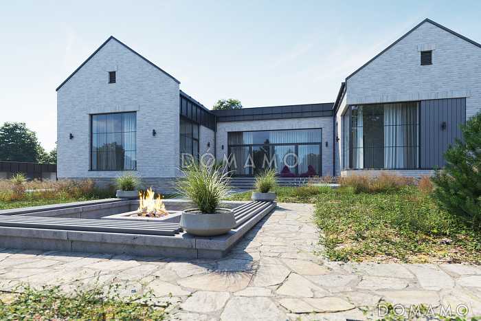 Проект дома с патио, двумя приватными зонами и кабинетом Проект дома с патио, двумя приватными зонами и кабинетом