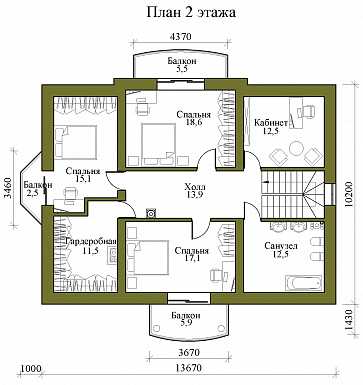 Проект двухэтажного каркасного дома с тремя балконами, округлыми террасой и крыльцом / План 2 этажа