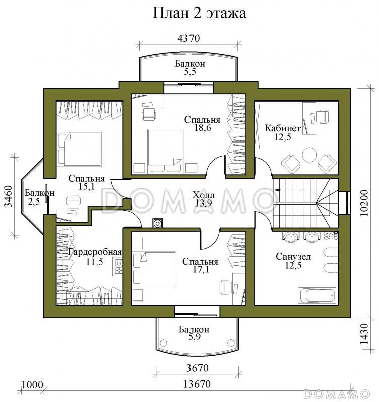 Проект двухэтажного каркасного дома с тремя балконами, округлыми террасой и крыльцом / План 2 этажа
