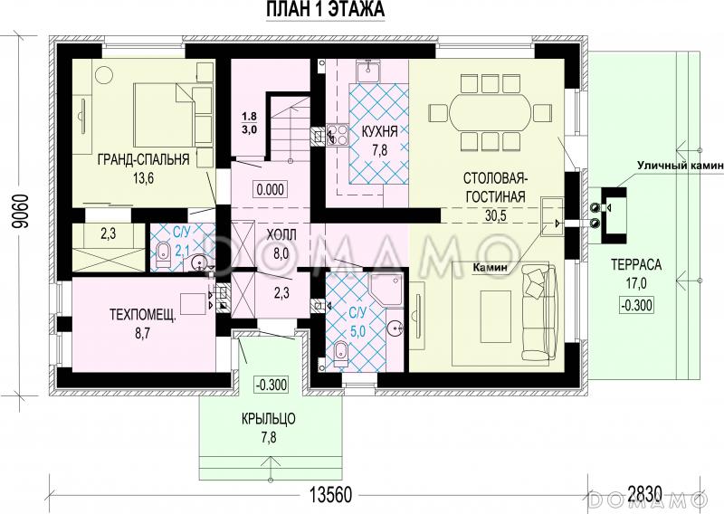 Проект двухэтажного дома с плоской крышей, с пятью спальнями и барбекю на открытой террасе / План 1 этажа