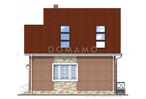 Проект дома с гаражом, мансардными и круглыми окнами, тремя спальными на мансардном этаже / Фасад 2