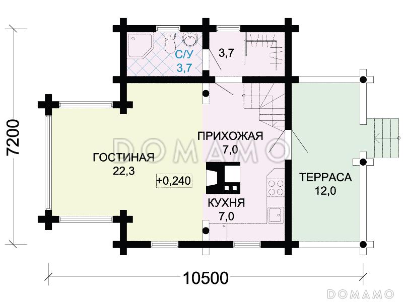 Проект компактного, деревянного дома с тремя спальнями и просторной гостинной / План 1 этажа