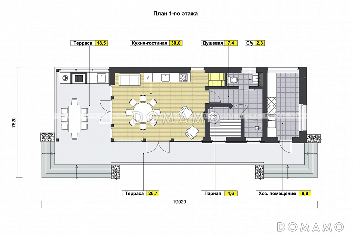 Проект дома с одной спальней на втором этаже, парной, душевой и крытой террасой с барбекю / План 1 этажа Проект дома с одной спальней на втором этаже, парной, душевой и крытой террасой с барбекю / План 1 этажа