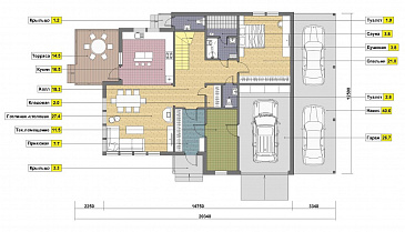 Проект дома из кирпича с местом для трех авто / План 1 этажа Проект дома из кирпича с местом для трех авто / План 1 этажа
