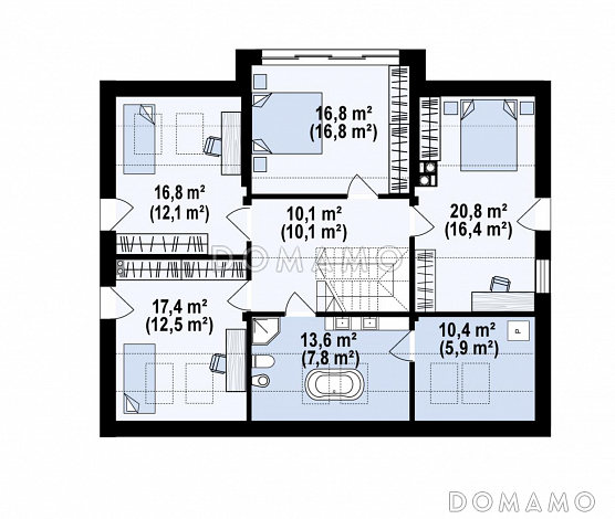 Проект современного мансардного дома с гаражом, панорамным остеклением, просторной кухонной зоной, прачечной / План мансардного этажа