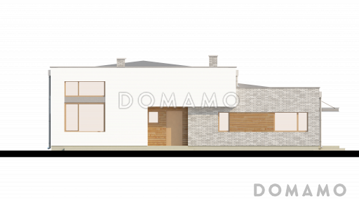 Проект современного одноэтажного дома с плоской крышей из кирпича с тремя спальнями и просторной гостиной с высокими потолками / Фасад 4